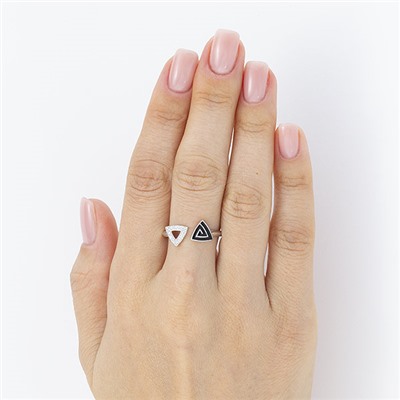 Серебряное кольцо "Треуголники" с бесцветными фианитами и эмалью - 1278