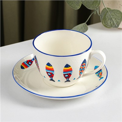 Чайная пара фарфоровая Доляна «Емеля», 2 предмета: чашка 250 мл, блюдце d=15 см, цвет белый