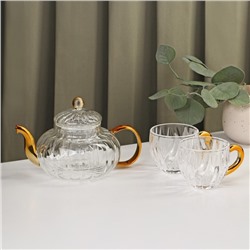 Набор чайный из стекла «Диана в золотом», 3 предмета: чайник 550 мл, 18×13×12 см, кружка 150 мл, 7×6,5 см