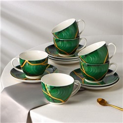 Сервиз чайный фарфоровый Доляна «Малахитовая шкатулка», 12 предметов: 6 чашек 250 мл, 6 блюдец d=15 см, цвет зелёный