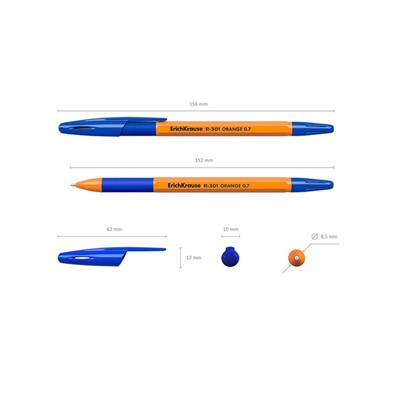 Ручка шариковая Erich Krause R-301 Orange Stick & Grip, узел 0.7 мм, чернила синие, резиновый упор, длина линии письма 1000 метров