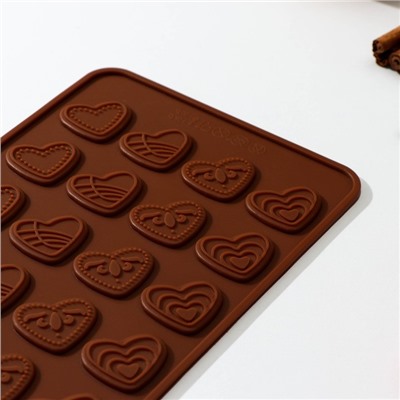 Форма для шоколада силиконовая Доляна «Сердечки», 21×11 см, 24 ячейки, цвет шоколадный