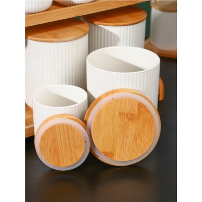 Набор банок для сыпучих продуктов на деревянной подставке BellaTenero, 7 предметов: 4 банки 200 мл, 3 банки 540 мл, цвет белый