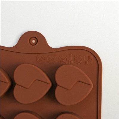 Форма для льда и кондитерских украшений Доляна «Сердце», 21×10 см, силикон, 15 ячеек, цвет коричневый