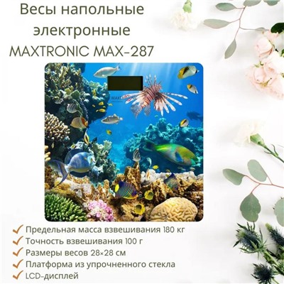 Весы напольные электронные стекло 150 кг 28*28 см Коралловый риф Maxtronic (1/10)