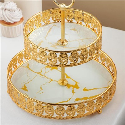 Подставка под десерты 2-х ярусная «Мрамор», 25×25×27,5 см, цвет металла золотой