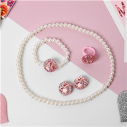 Набор детский 4 предмета: клипсы, бусы, браслет, кольцо "Единорог", цвет бело-розовый