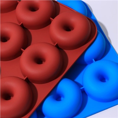 Форма силиконовая для выпечки Доляна «Пончик», 37×32×2,5 см, 9 ячеек, d=8 см, цвет МИКС