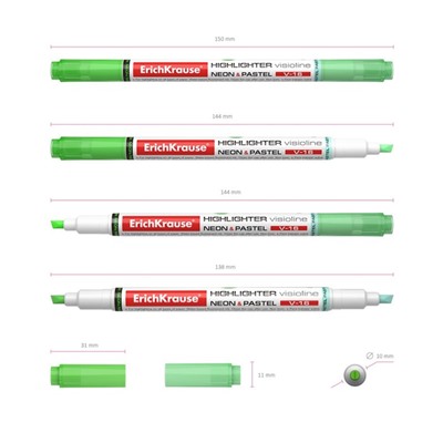 Маркер текстовыделитель ErichKrause Visioline V-16 Neon+Pastel, 0.6-3.3 мм, двусторонний, чернила на водной основе, зелёный