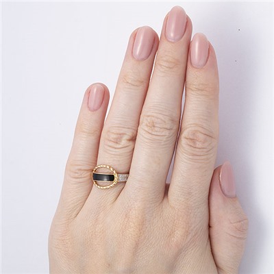 Позолоченное кольцо с бесцветными фианитами и черной эмалью - 1285 - п