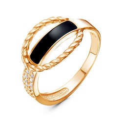Позолоченное кольцо с бесцветными фианитами и черной эмалью - 1285 - п