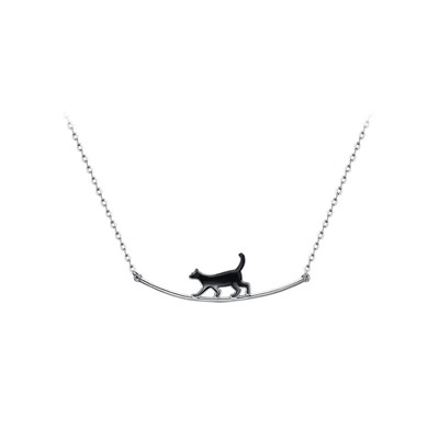 Колье "Кошка" из серебра на цепочке  с черной эмалью - 541