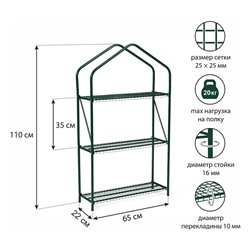 Парник-стеллаж, 3 полки, 110 × 65 × 22 см, металлический каркас d = 16 мм, чехол плёнка 100 мкм