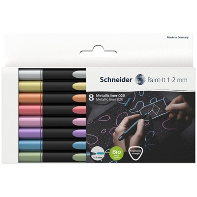 Набор капиллярных ручек 8 цветов, 1-2 мм, Schneider Paint-It 020, метализированные, европодвес