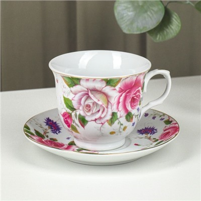 Чайная пара керамическая Доляна «Томная роза», 2 предмета: чашка 250 мл, блюдце d=14 см, цвет разноцветный