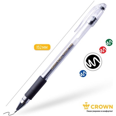 Ручка гелевая, стандарт, резиновый упор, Crown HJR-500R, чёрная, узел 0.5 мм