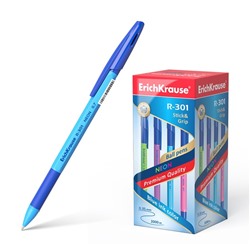 Ручка шариковая ErichKrause R-301 Neon Stick & Grip, узел 0.7 мм, чернила синие, резиновый упор, длина линии письма 2000 метров, микс