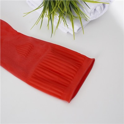 Перчатки хозяйственные латексные Доляна, размер S, длинные манжеты, 90 гр, цвет красный