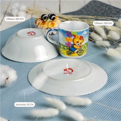 Набор детской посуды Доляна «Мишка на велосипеде», 3 предмета: кружка 230 мл, миска 400 мл, тарелка d=18 см