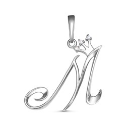 Серебряная подвеска " Буква М " с бесцветными фианитами  - 044