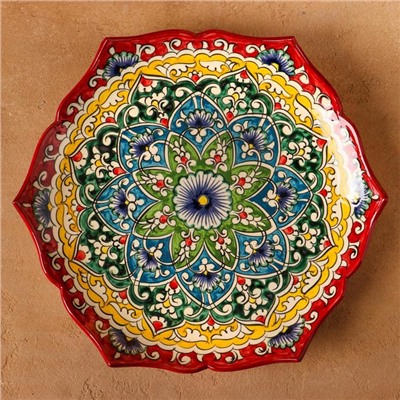 Ляган Риштанская Керамика "Цветы", 32 см, красный микс, рифлённый