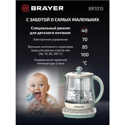 Чайник стеклянный электрический 1,5 л 2,2 кВт BR1015 Brayer (1/6)