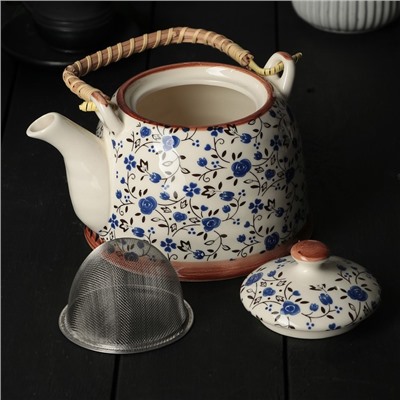Чайник керамический заварочный «Виньетки», 600 мл, металлическое сито, цвет синий