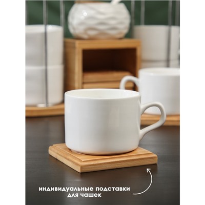 Набор чайный керамический на деревянной подставке BellaTenero, 13 предметов: 6 чашек 150 мл, сахарница с ложкой 200 мл, 6 подставок, цвет белый