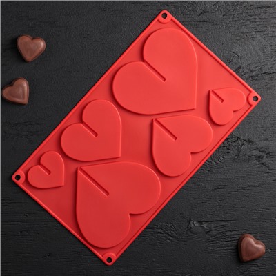 Форма для шоколада силиконовая 3D Доляна «Сердце», 17×29 см, 6 ячеек (8,5×6,2 см), цвет МИКС