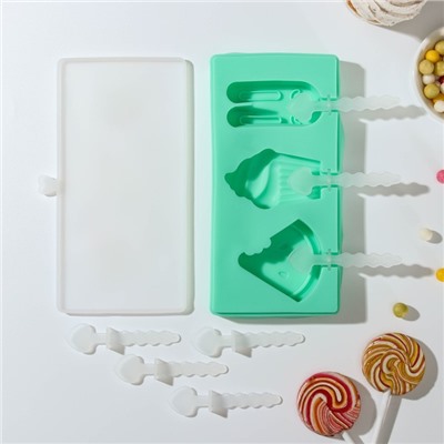 Форма для мороженого «Сладость», 3 ячейки, 18,5×9,5×2 см, с крышкой и палочками, цвет МИКС