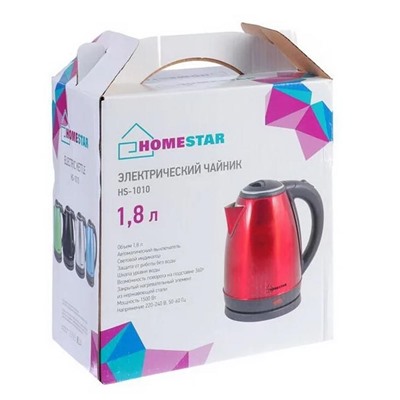 Чайник металлический электрический 1,8 л 1,5 кВт красный HS-1010 HomeStar (1/12)