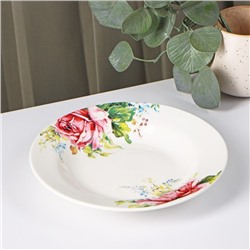 Тарелка фарфоровая суповая Доляна «Роза», d=20 см, цвет белый
