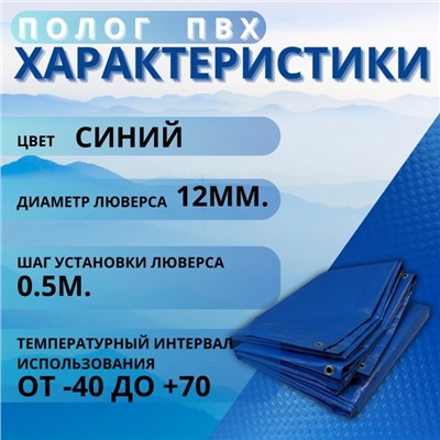 Тент водонепроницаемый, 2 × 2 м, плотность 630 г/м², УФ, люверсы шаг 0,5 м, синий