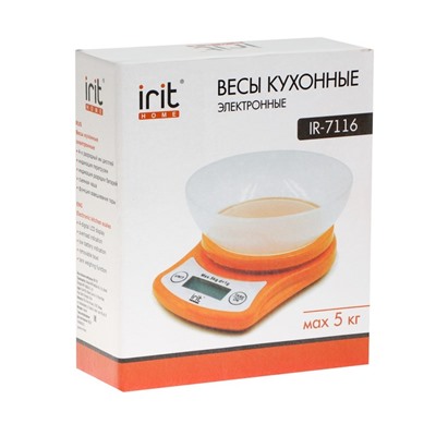 Весы кухонные Irit IR-7116, электронные, до 5 кг, жёлтые