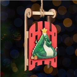 Ёлочное украшение "Санки с драконом", 9,5 см, зеленый, дерево