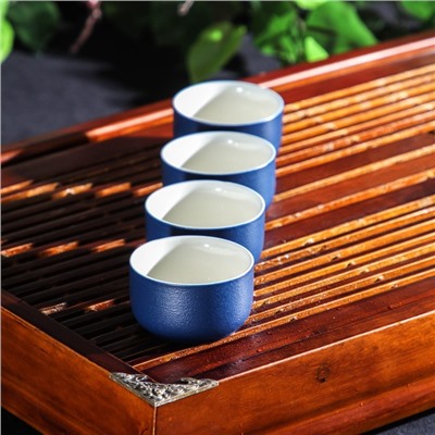 Набор для чайной церемонии керамический «Лотос», 6 предметов: 4 пиалы 50 мл, чайник 260 мл, банка для чая 220 мл, цвет синий