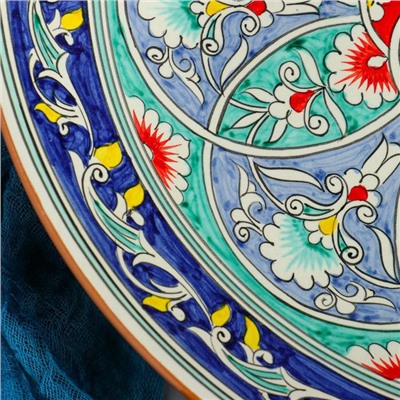 Ляган круглый Риштанская Керамика, 41см, синий, в центре узор цветной