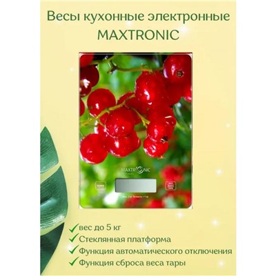 Весы кухонные электронные стекло 5 кг 20*14,5 см дисплей Вишни Maxtronic (1/24)