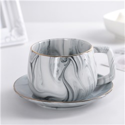 Чайная пара керамическая «Мрамор», чашка 250 мл, блюдце 13,5 см, цвет серый