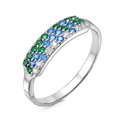 Серебряное кольцо с зелеными,голубыми и бесцветными фианитами - 1140