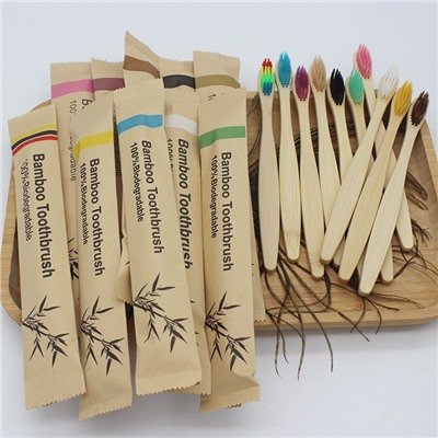 Набор деревянных бамбуковых эко-щеток 20 шт. в бумажном пакете (Цветные)
