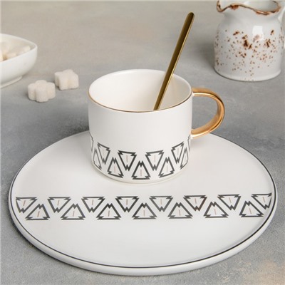 Чайная пара керамическая с ложкой «Орнамент», кружка 220 мл, тарелка 20 см
