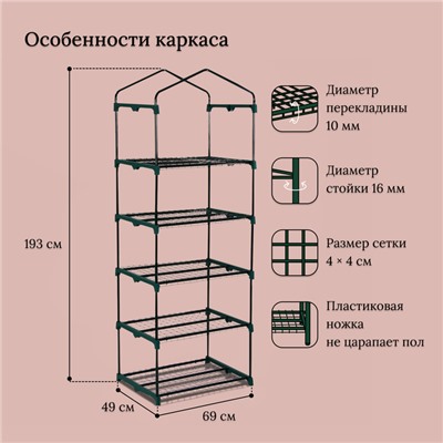 Парник-стеллаж, 5 полок, 193 × 69 × 49 см, металлический каркас d = 16 мм, чехол плёнка 80 мкм