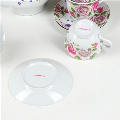 Сервиз чайный керамический на металлической подставке Доляна «Томная роза», 13 предметов: 6 чашек 230 мл, 6 блюдец d=14,2 см, чайник 1 л, цвет белый