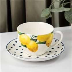 Чайная пара керамическая Доляна «Лимон», 2 предмета: чашка 250 мл, блюдце d=15 см