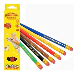 Набор цветных карандашей 6 цветов стираемые, с ластиком, трехгранные, пластиковые