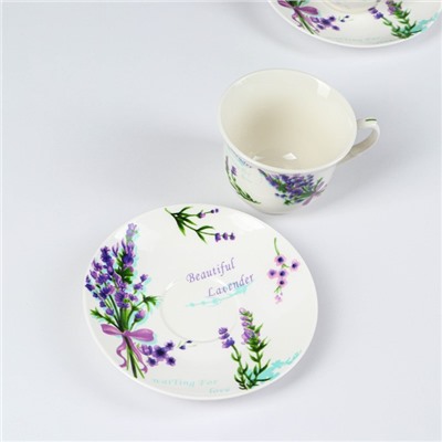 Набор чайный фарфоровый Доляна «Лаванда», 4 предмета: 2 чашки 220 мл, 2 блюдца d=14,2 см, цвет белый