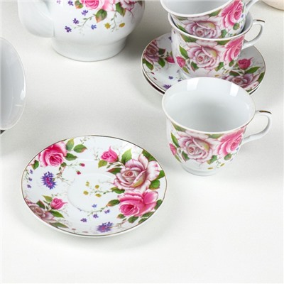 Сервиз чайный керамический на металлической подставке Доляна «Томная роза», 13 предметов: 6 чашек 230 мл, 6 блюдец d=14,2 см, чайник 1 л, цвет белый