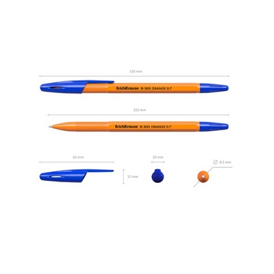 Ручка шариковая ErichKrause R-301 Orange Stick, узел 0.7 мм, чернила синие, длина линии письма 2000 метров, штрихкод на ручке