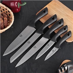 Набор кухонных ножей «Энеолит», 5 предметов: лезвие 8,5 см, 12,5 см, 19,5 см, 20 см, 20 см, цвет чёрный